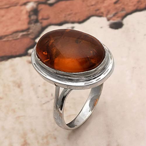 Cabina Oval Raro Fósil Ámbar Piedra preciosa 925 Libra esterlina Plata Apilable Mujer anillo (22)