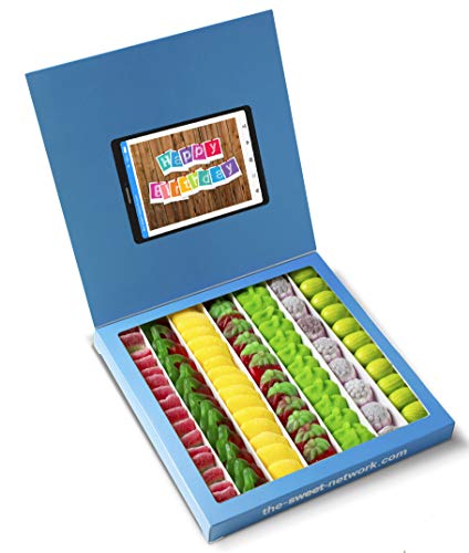 Caja golosinas Twitter 23x23cm con mensaje HAPPY BIRTHDAY, su interior contiene 750g de golosinas Fruit