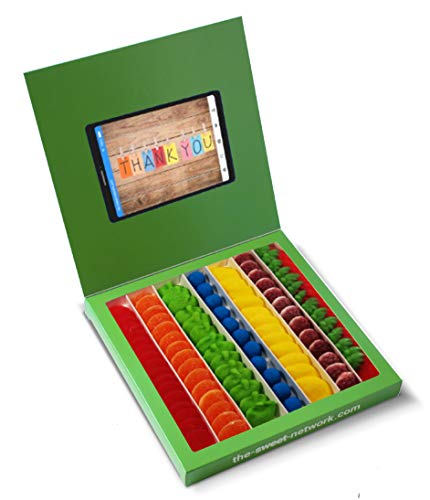 Caja golosinas Whatsapp 23x23cm con mensaje THANK YOU, su interior contiene 750g de golosinas Rainbow