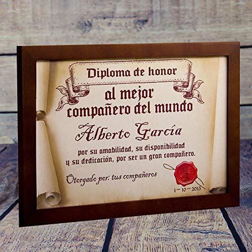Calledelregalo Diplomas pergamino Personalizados para Todos los destinatarios (Al Mejor compañero) con Marco