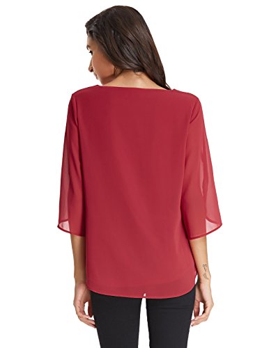 Camisa de Mujer Elegante Blusa Gasa 3/4 Blusa de Manga Camisa de Color Puro Top Rojo 2XL CLAF15-4