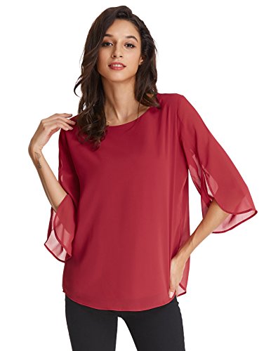 Camisa de Mujer Elegante Blusa Gasa 3/4 Blusa de Manga Camisa de Color Puro Top Rojo 2XL CLAF15-4