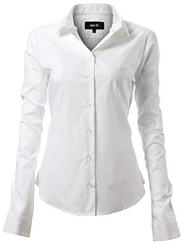 Camisas Mujer Elástica, Manga Larga Color Liso Corte Ajustado, Elegante y Formal, Blanco, 45 (Talla del Fabricante 20)