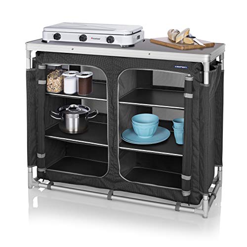 CAMPART Travel KI-0734 Cocina de camping Madrid, Seis compartimentos, Bolsa de almacenamiento incluida, 82 cm de altura, Gris