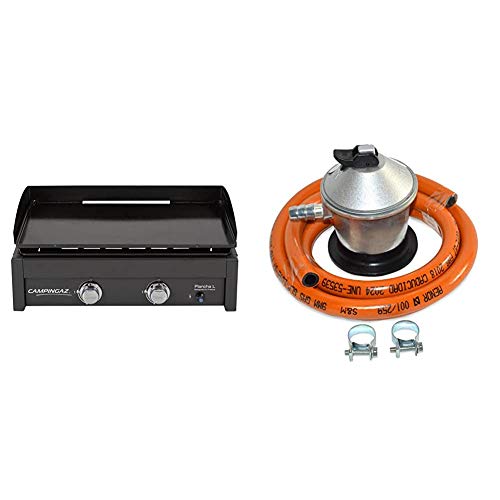 Campingaz Plancha L - Plancha de gas con dos quemadores de acero aluminizado, 7.5 kW de potencia + S&M 321771 Regulador de Gas Butano Goma M + 2 Abraz, Gris/Naranja, 1,5 metros de tubo