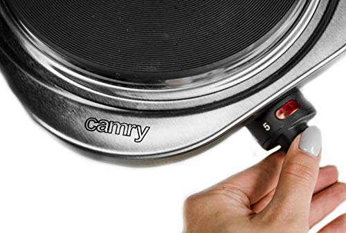Camry CR6510 Hornillo Eléctrico, Placa de Cocina, Regulador de Temperatura, Acero Inoxidable, Compacto, Viaje, Camping 185 mm, 1500W