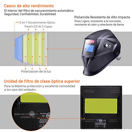 Careta Soldar Automatica, Tacklife PAH04D Casco de Soldadura 1/1/1/1 de Oscurecimiento Máscara de Soldadores Caretas para Soldar con 6 Lentes de Recambio de ARC TIG Mig Molienda