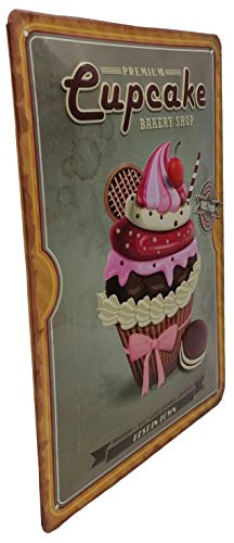 Cartel de cocina premium Cupcake, cartel de chapa en relieve 30 x 20 cm, Bakery Shop Best in Town – pasteles, galletas, chocolate y crema con cereza, decoración de pared