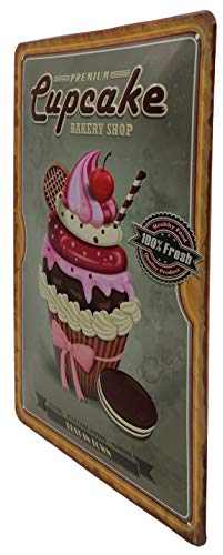 Cartel de cocina premium Cupcake, cartel de chapa en relieve 30 x 20 cm, Bakery Shop Best in Town – pasteles, galletas, chocolate y crema con cereza, decoración de pared