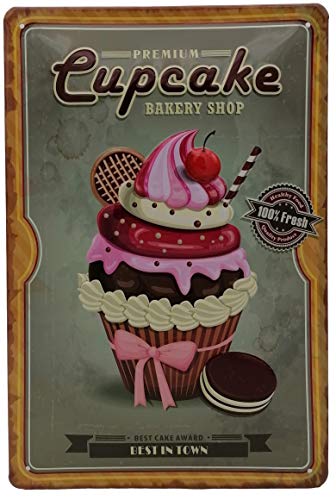 Cartel de cocina premium Cupcake, cartel de chapa en relieve 30 x 20 cm, Bakery Shop Best in Town – pasteles, galletas, chocolate y crema con cereza, decoración de pared