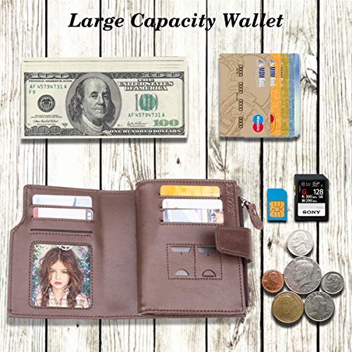 Cartera Cuero Hombre Pequeño RFID Bloqueo Delgado Biflod Billetera Hombre Piel con Cremallera y 12 Ranura para Tarjeta Monedero Hombre Cuero Autentico Cartera de Bolsillo con 7 Compartimento (Café)