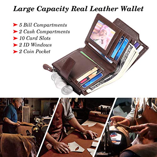 Cartera Cuero Hombre Pequeño RFID Bloqueo Delgado Biflod Billetera Hombre Piel con Cremallera y 12 Ranura para Tarjeta Monedero Hombre Cuero Autentico Cartera de Bolsillo con 7 Compartimento (Café)