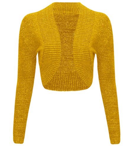 Chaqueta bolero, de punto, de manga larga, diseño metálico, para mujer Amarillo Mostaza S/M(36-40)