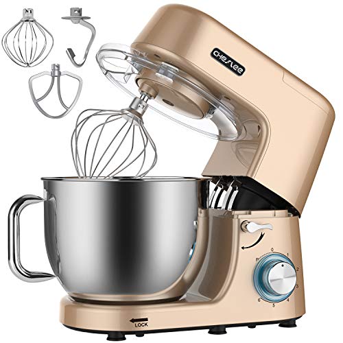 CHeflee 1800W Batidora Amasadoras Repostería Profesional, Robot De Cocina Automática Multifuncional Amasadoras De Pan Capacidad de 7,2 litros,6 velocidades (Dorado champagne)