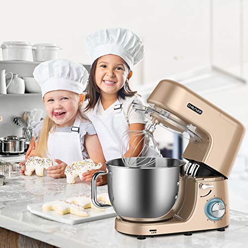 CHeflee 1800W Batidora Amasadoras Repostería Profesional, Robot De Cocina Automática Multifuncional Amasadoras De Pan Capacidad de 7,2 litros,6 velocidades (Dorado champagne)