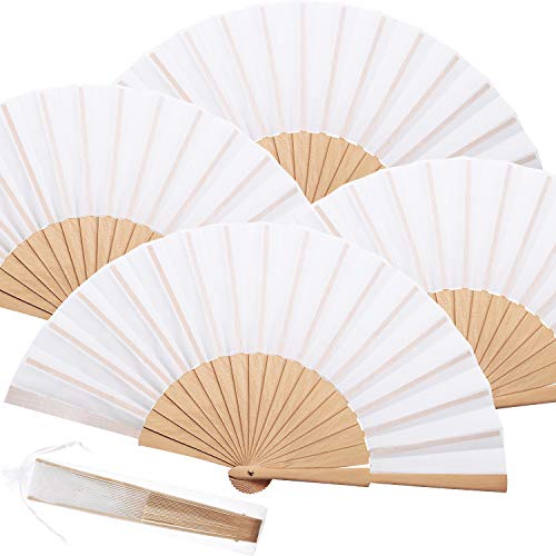 Chuangdi 4 Piezas Abanico Plegable de Madera y Tela Abanico de Mano Artesanal Decorativo Abanico de Regalo con Bolsas de Organza con Cordón para Hombres Mujeres Niñas (Blanco)