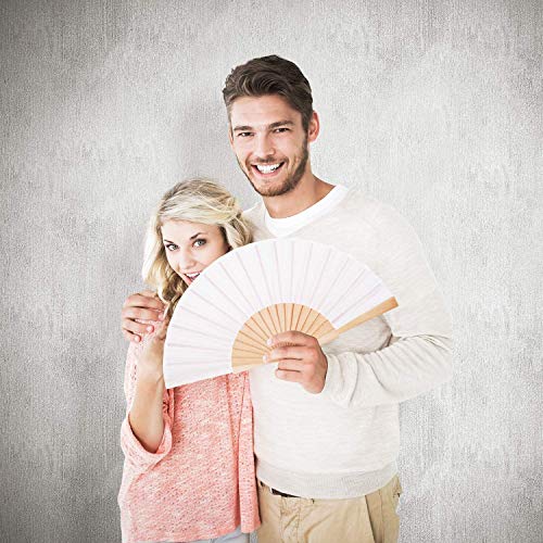Chuangdi 4 Piezas Abanico Plegable de Madera y Tela Abanico de Mano Artesanal Decorativo Abanico de Regalo con Bolsas de Organza con Cordón para Hombres Mujeres Niñas (Blanco)
