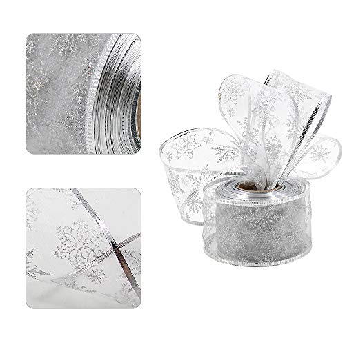 Cinta de organza de 6,3 cm de ancho con lazo para árbol de Navidad, copo de nieve, con alambre con carrete para envolver regalos, decoración de árbol de Navidad, decoración de fiesta (plata) (10 m)