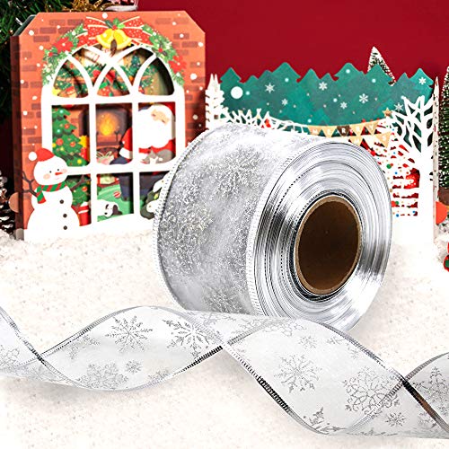 Cinta de organza de 6,3 cm de ancho con lazo para árbol de Navidad, copo de nieve, con alambre con carrete para envolver regalos, decoración de árbol de Navidad, decoración de fiesta (plata) (10 m)