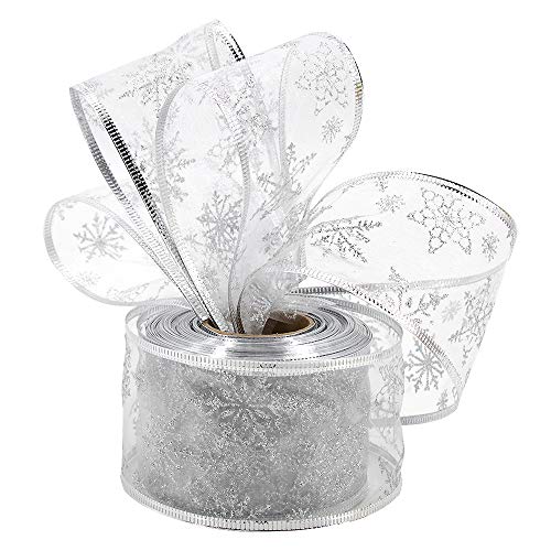 Cinta de organza de 6,3 cm de ancho con lazo para árbol de Navidad, copo de nieve, con alambre con carrete para envolver regalos, decoración de árbol de Navidad, decoración de fiesta (plata) (10 m)
