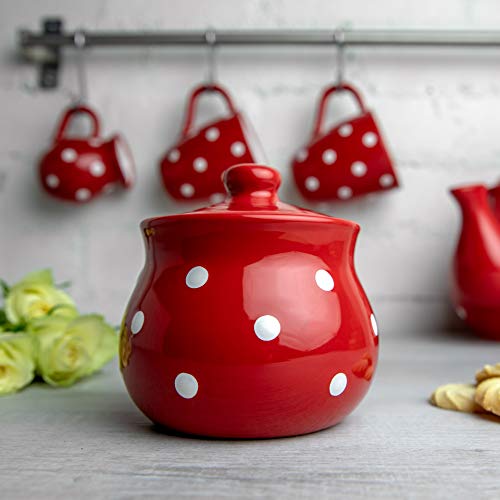 City to Cottage® - Azucarero de cerámica pintada a mano con tapa, diseño de lunares, color rojo y blanco