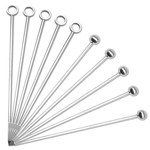 CKANDAY Juego de 10 palillos reutilizables de acero inoxidable,palillos de frutas de metal Martini pinchos para bebidas de oliva,set para fiestas de vacaciones,eventos de círculo/bola,2 estilos,plata