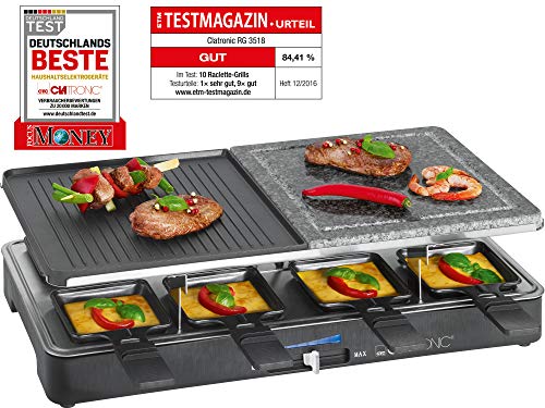 Clatronic RG 3518 Raclette Grill con piedra natural y placa reversible, 8 personas, 1400W, 1400 W, Acero Inoxidable, Negro