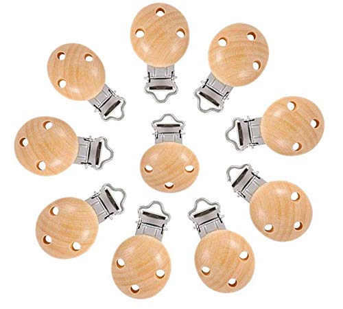 Clips Para Chupete Hitopin 10Pcs Madera Clips de Chupete, Pinza Chupetero,Clip Chupete Redondo Con Tres Agujeros Muy Adecuado Para Hacer Cadena de Chupete(Color Natural de Madera）
