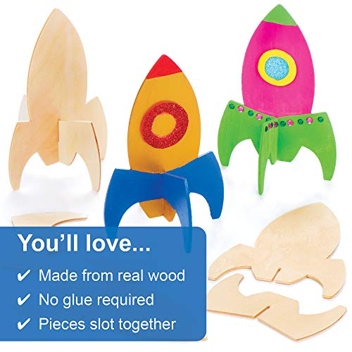 Cohetes de madera con soporte - Perfectos para decoraciones y manualidades infantiles (pack de 6).