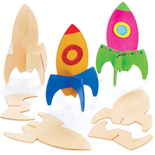 Cohetes de madera con soporte - Perfectos para decoraciones y manualidades infantiles (pack de 6).