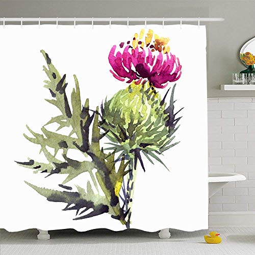 Conjunto de cortina de ducha con ganchos Dibujado Acuarela Buril natural Pintado Púrpura Brote Cardo Flor artística Flor Prado Naturaleza Naturaleza Tela de poliéster impermeable Decoración de baño pa