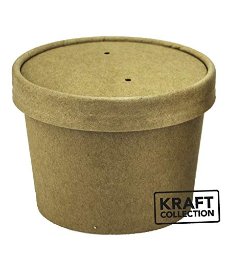 Contenedores de sopa desechables Kraft marrón con tapas - 25 paquetes de cuencos de sopa de papel - tinas para llevar de 16 oz perfectas para recipientes de helado y deli