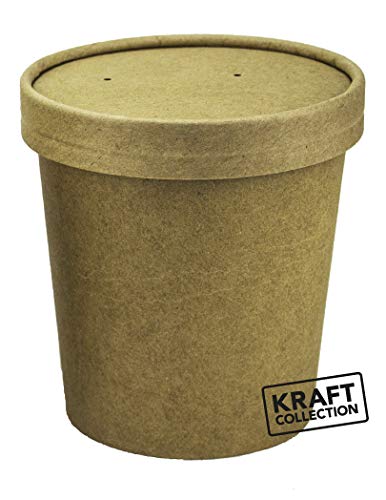 Contenedores de sopa desechables Kraft marrón con tapas - 25 paquetes de cuencos de sopa de papel - tinas para llevar de 16 oz perfectas para recipientes de helado y deli