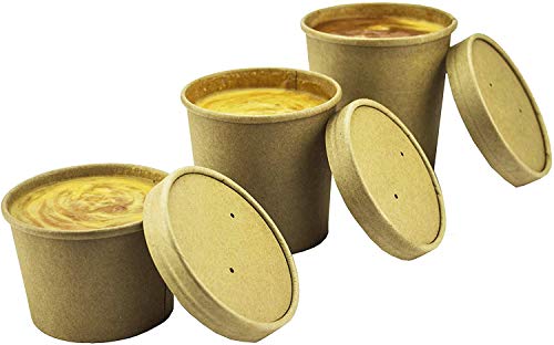 Contenedores de sopa desechables Kraft marrón con tapas - 25 paquetes de cuencos de sopa de papel - tinas para llevar de 16 oz perfectas para recipientes de helado y deli