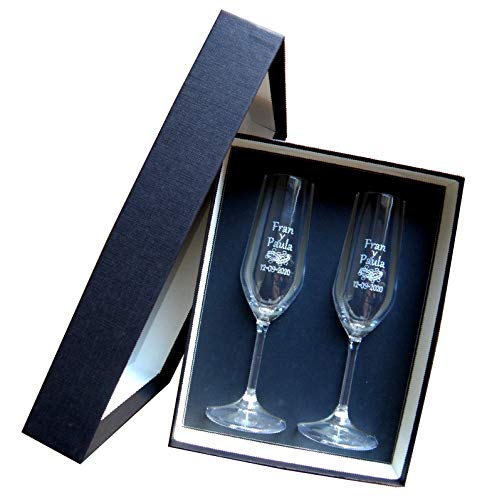Copas de cava grabadas ANILLOS CORAZONES. Regalo de boda, aniversario, regalo original, elegante, práctico. También puede elegir entre los otros diseños que puede ver en la imagen para el grabado.
