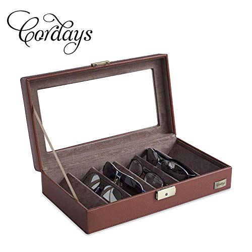 CORDAYS - Estuche Expositor para 6 Gafas con Vitrina de Cristal y Cerradura con Llave Caja Expositora Gafas - Hecho a Mano en Piel Sintática- en Color Marrón CDM-00028