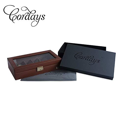 CORDAYS - Estuche Expositor para 6 Gafas con Vitrina de Cristal y Cerradura con Llave Caja Expositora Gafas - Hecho a Mano en Piel Sintática- en Color Marrón CDM-00028