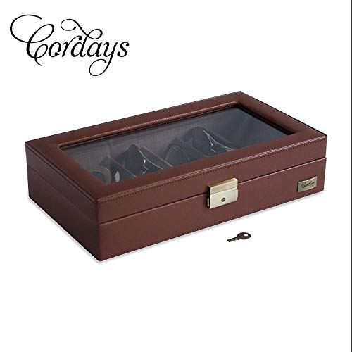 CORDAYS - Estuche Expositor para 6 Gafas con Vitrina de Cristal y Cerradura con Llave Caja Expositora Gafas - Hecho a Mano en Piel Sintática- en Color Marrón CDM-00028