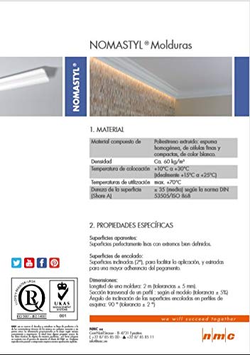 Cornisa/Moldura decorativa techo blanca NMC NOMASTYL® M2 59X18X2000mm Poliestireno 10 metros