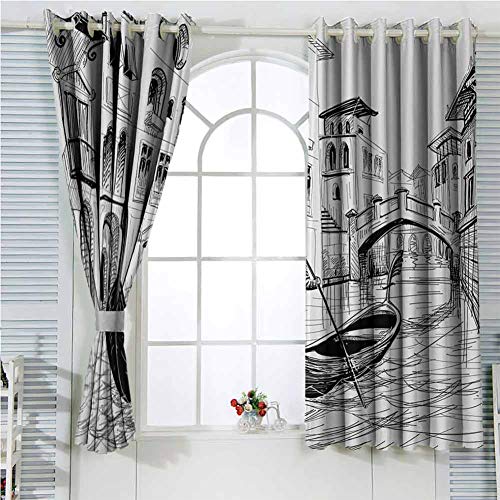 Cortinas blancas negras de 108 pulgadas de largo, decoración boho para dormitorio de 96 x 108 pulgadas, góndola en Venecia, europeo, famoso canal, historia mediterránea, imagen navideña, color negro
