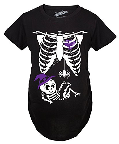 Crazy Dog Tshirts - Maternity Witch Baby Bump Skeleton Cute Pregnancy Tshirt Halloween Night (Black) - S - Camiseta De Maternidad
