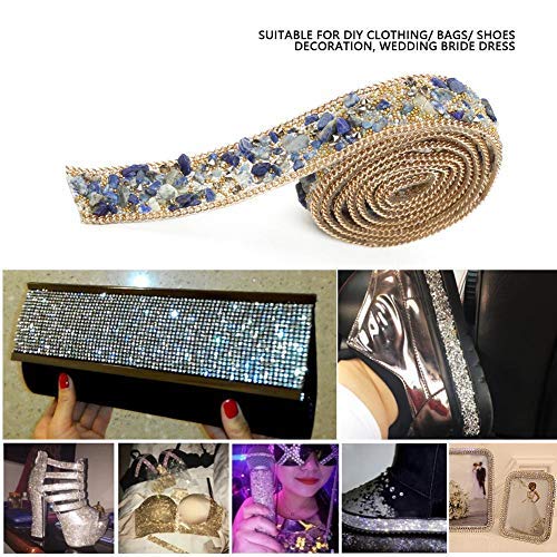 Crystal Beaded Ribbon Rhinestone Diamond Ribbon Roll Iron en parche para vestidos de baile Cinturón Apliques Ropa Bolsa Zapatos Boda Fiesta Decoración(Cuentas de arroz azul + oro + cadena de oro)