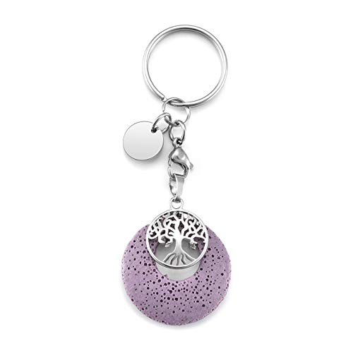 CrystalTears - Llavero de mujer con colgante de árbol de la vida de piedra volcánica multicolor con forma de redonda, ambientador de coche de acero inoxidable violeta