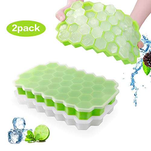Cubiteras para Hielo Silicona, 2 Cubiteras con Tapas de Hielo Fácil de Sacar Bandejas de Hielo sin BPA para Alimentos para Bebés, Cócteles, Whisky, Zumo, Agua y Otras Bebidas (Verde y Blanco)