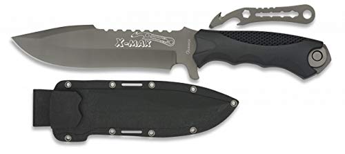 Cuchillo Negro con Funda 17 cm para Caza, Pesca, Camping, Outdoor, Supervivencia y Bushcraft Albainox 32074 + Portabotellas de regalo