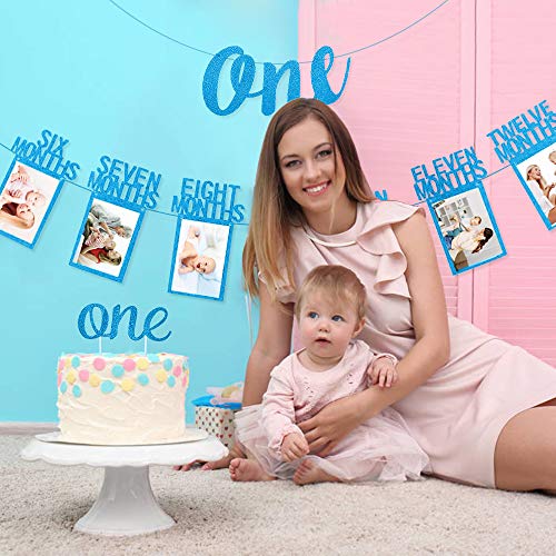 Cumpleaños Foto Banner, Primer banner de fotos de cumpleaños 1 año, 12 meses fotografía mensual Guirnalda del empavesado, ONE banner, ONE adorno de pastel para Decoración de primer cumpleaños-Azul