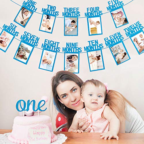 Cumpleaños Foto Banner, Primer banner de fotos de cumpleaños 1 año, 12 meses fotografía mensual Guirnalda del empavesado, ONE banner, ONE adorno de pastel para Decoración de primer cumpleaños-Azul