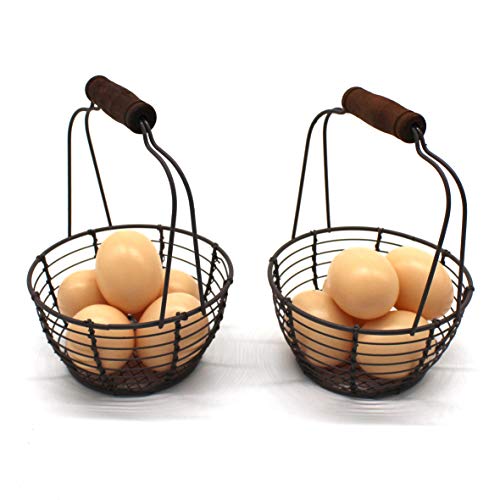 CVHOMEDECO. Minicestas de alambre de metal para huevos cestas mango de madera, estilo vintage Juego de 2