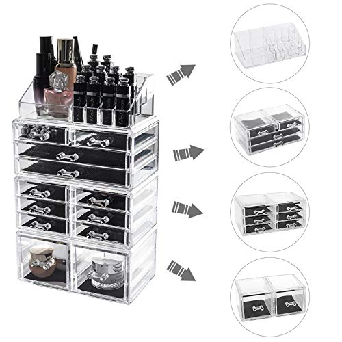 D4P Display4top Caja acrílica Estante de maquillajes Maquillaje Cosméticos Joyería Organizador (12 Drawers Transparente)