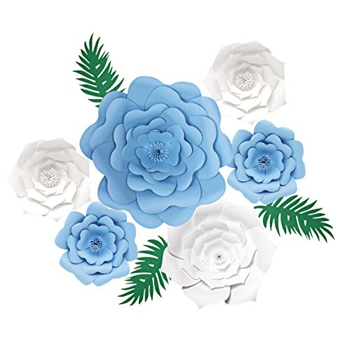 decalmile 6 Piezas Flores de Papel DIY Decoración para Bebés Guardería Niñas Cumpleaños Fondo Boda(Azul, Blanco)